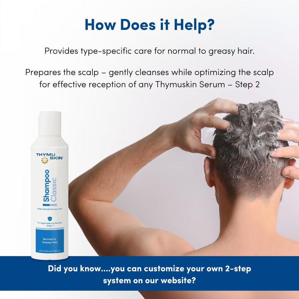 THYMUSKIN Classic Shampoo highlights GKL-02 peptide complex for stronger scalp.