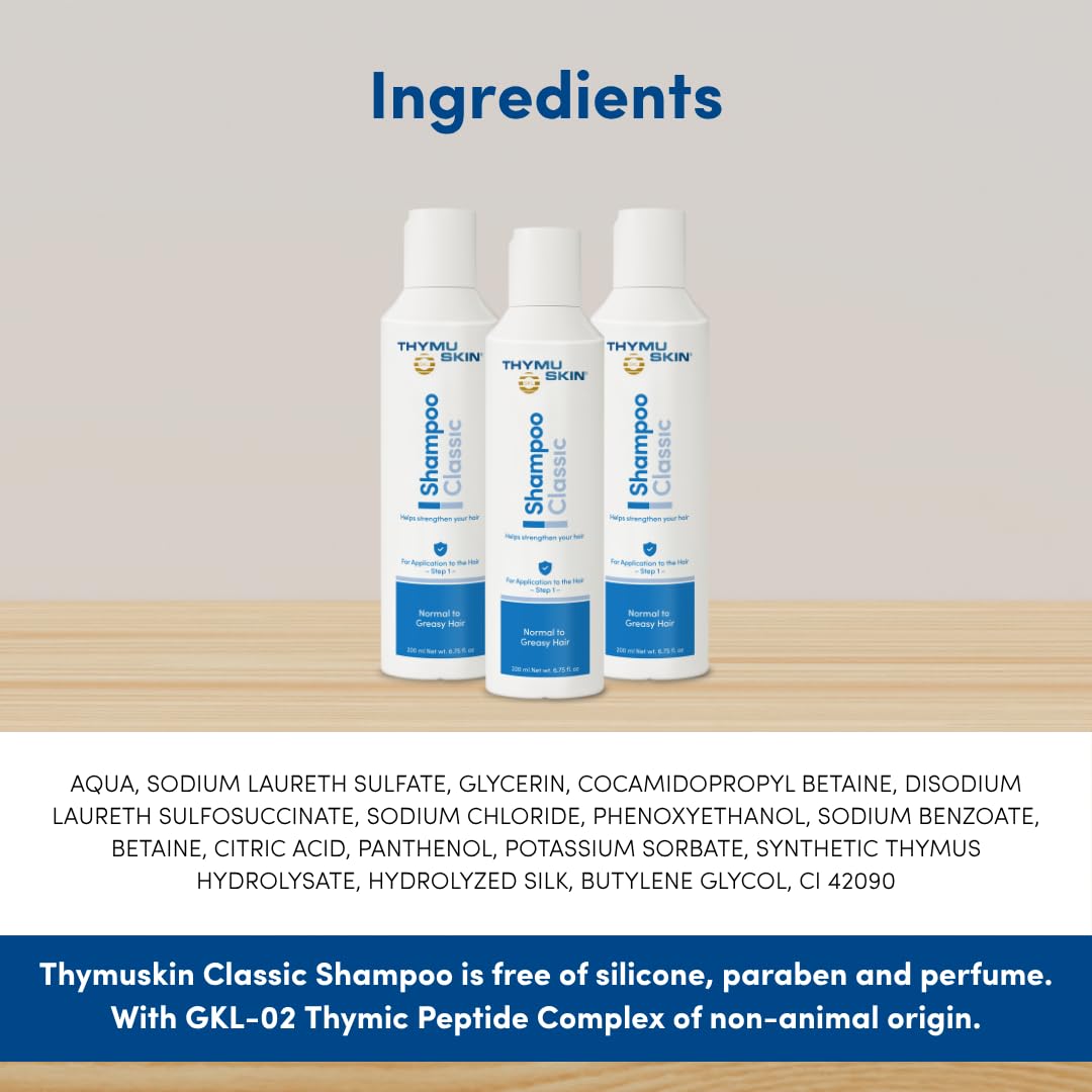 THYMUSKIN Classic Shampoo scalp prep for Serum Step 2 absorption.