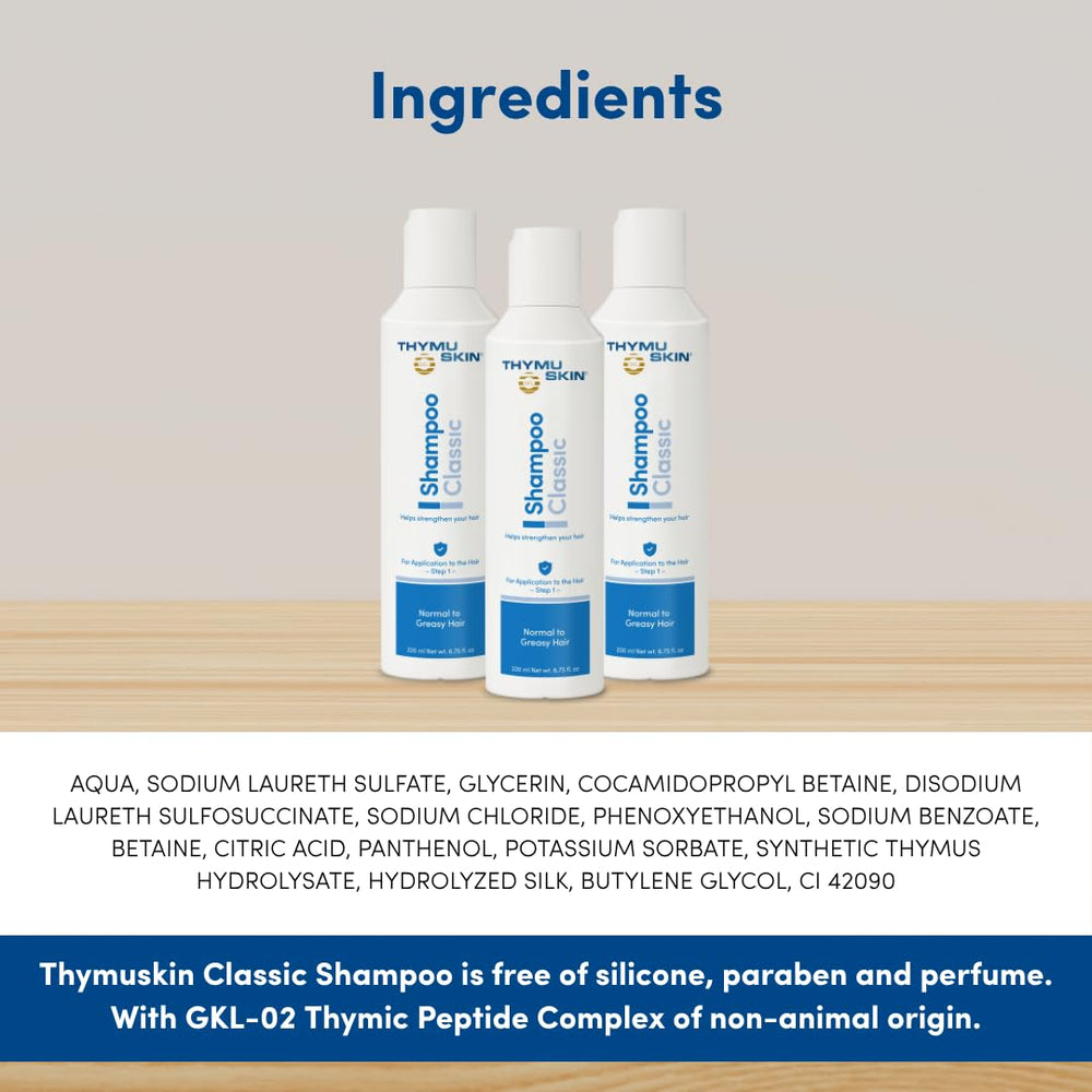 THYMUSKIN Classic Shampoo scalp prep for Serum Step 2 absorption.