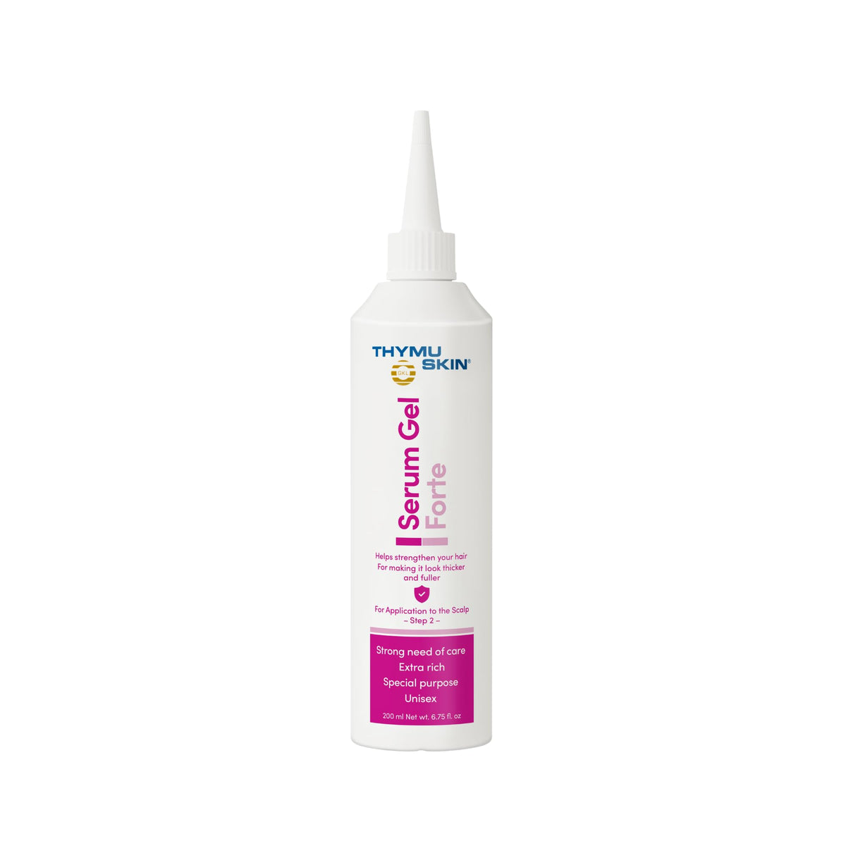 Thymuskin Forte Serum bottle highlights targeted scalp nourishment for stronger roots.