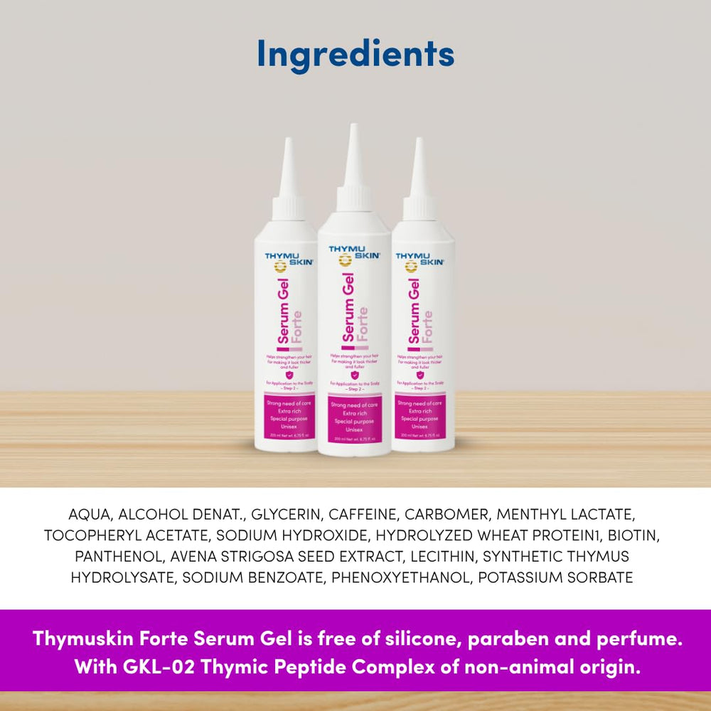 Thymuskin Forte Serum scalp application scene demonstrates easy, targeted care for chronic imbalance.