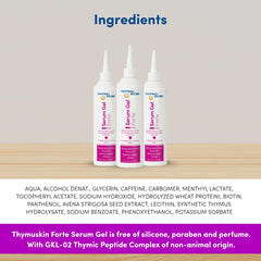 Thymuskin Forte Serum scalp application scene demonstrates easy, targeted care for chronic imbalance.