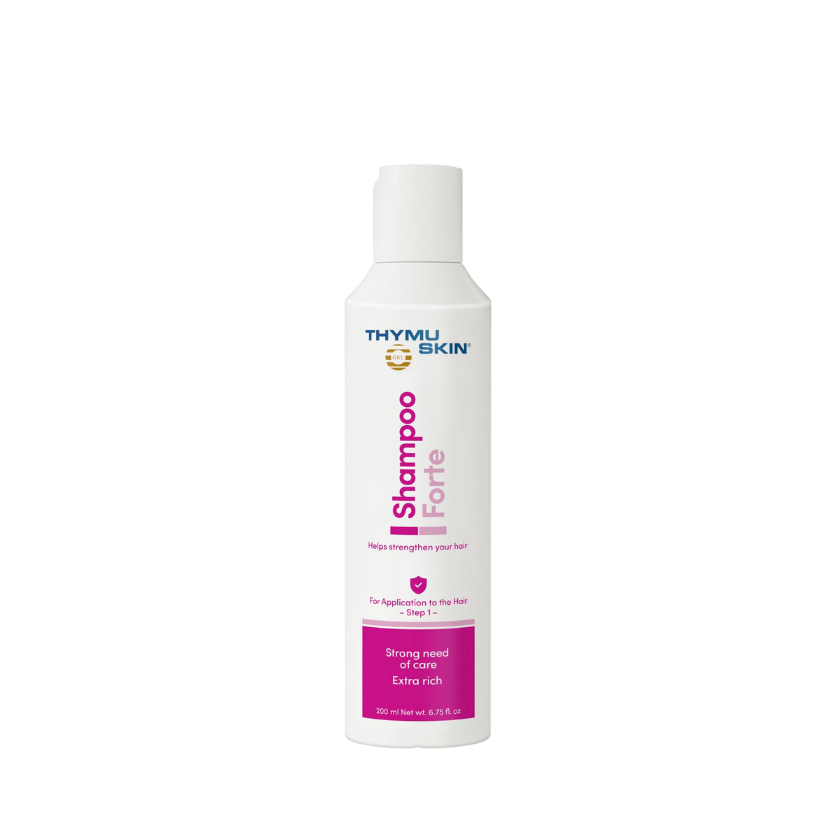THYMUSKIN Forte Shampoo bottle highlighting intensive scalp care.