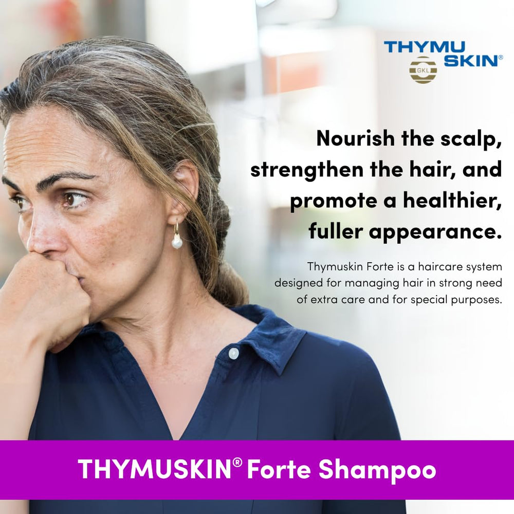 THYMUSKIN Forte Shampoo minimalist bathroom scene for routine care.