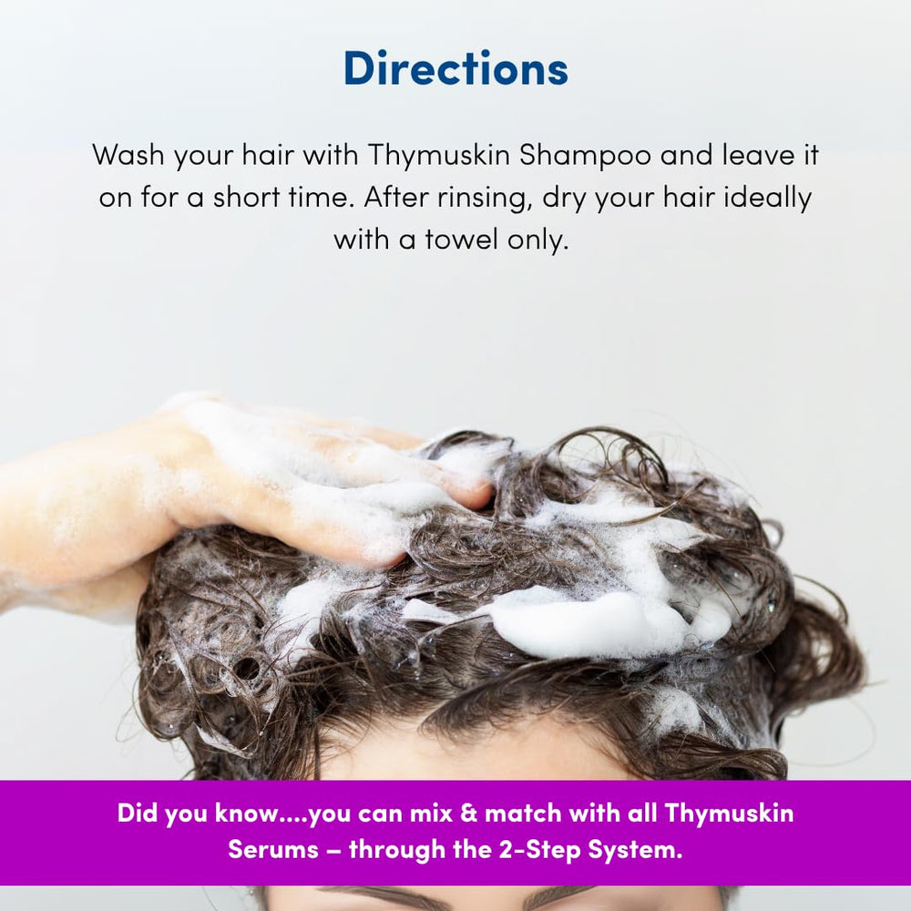 THYMUSKIN Forte Shampoo scalp closeup shows peptide-rich formula.