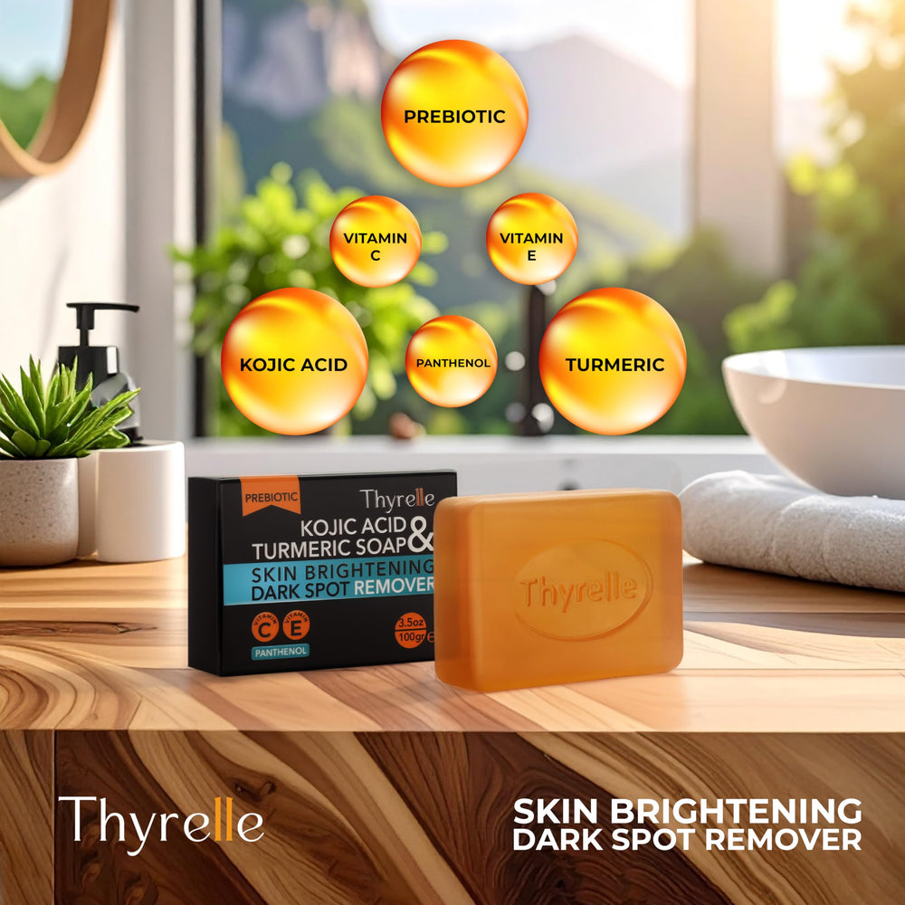 Close-up texture of Thyrelle Kojic Turmeric Soap highlighting turmeric and kojic blend.