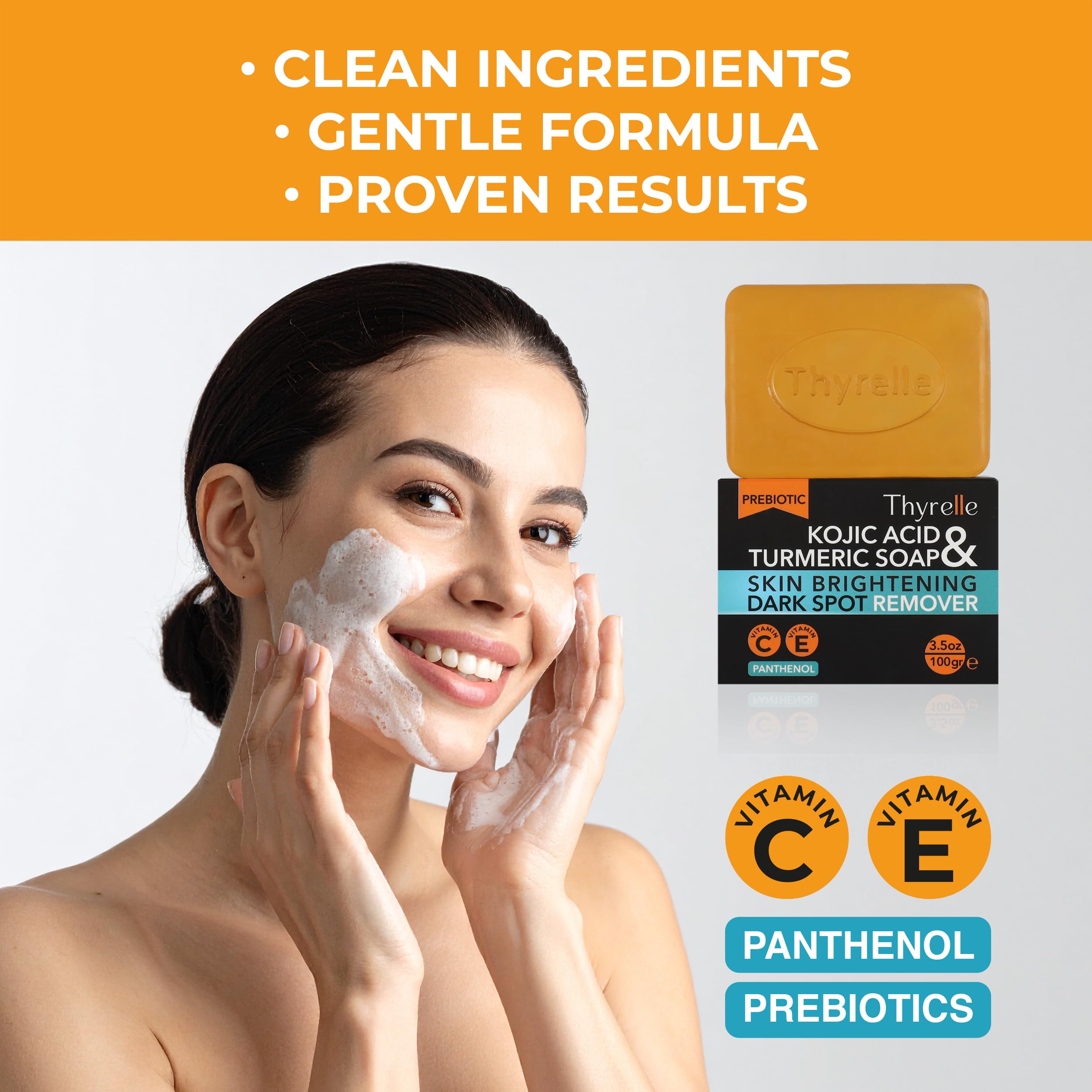 Packaging and ingredients of Thyrelle Kojic Turmeric Soap with panthenol and vitamins.