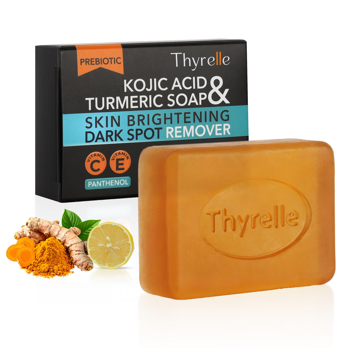 Thyrelle Kojic Turmeric Soap bar on sink for gentle cleansing and even tone potential.
