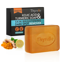 Thyrelle Kojic Turmeric Soap bar on sink for gentle cleansing and even tone potential.
