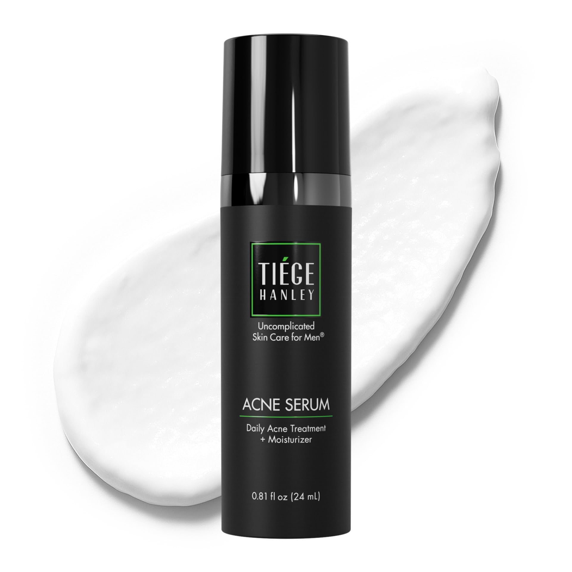 Tiege Hanley Acne Serum bottle closeup, lightweight hydration for oily skin