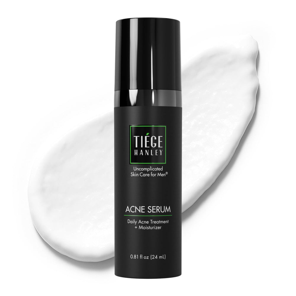 Tiege Hanley Acne Serum bottle closeup, lightweight hydration for oily skin