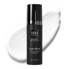 Tiege Hanley Acne Serum bottle closeup, lightweight hydration for oily skin