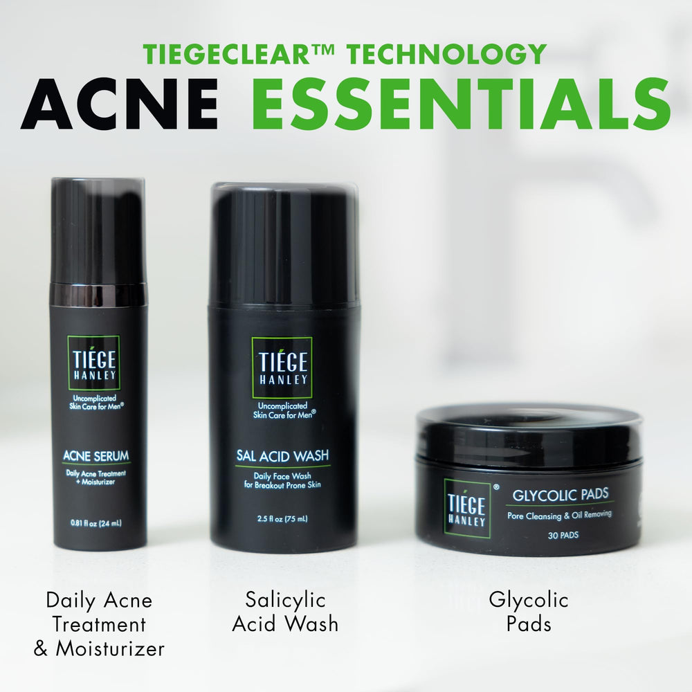 Tiege Hanley Acne Serum bottle highlighted for balanced skin support.