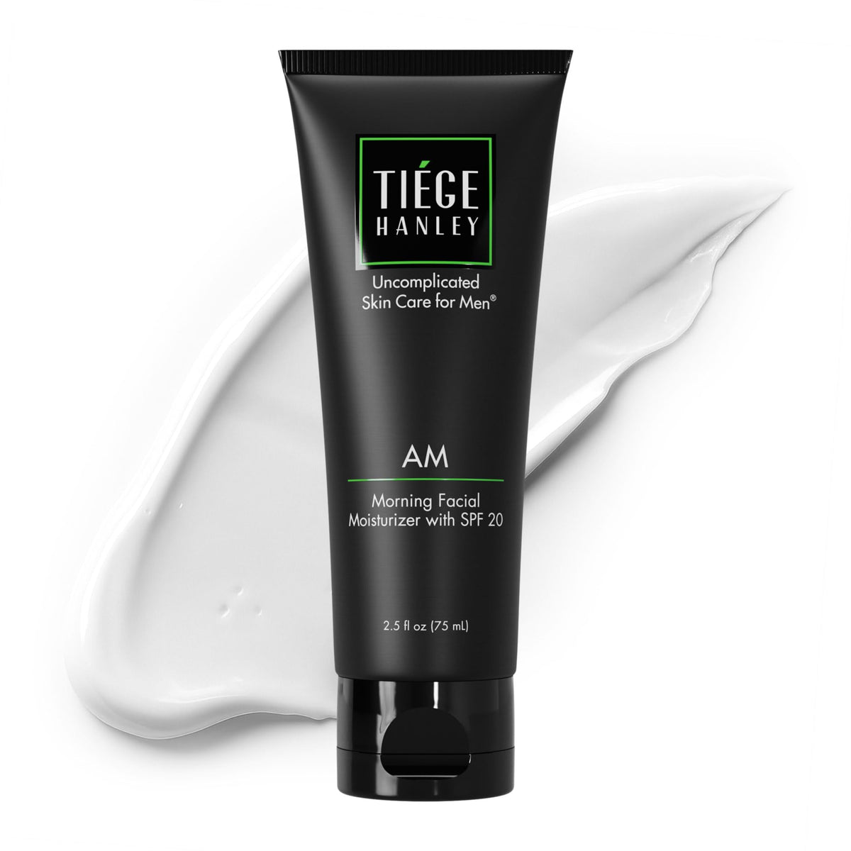 Tiege Hanley AM Moisturizer bottle front shows daily hydration and SPF protection
