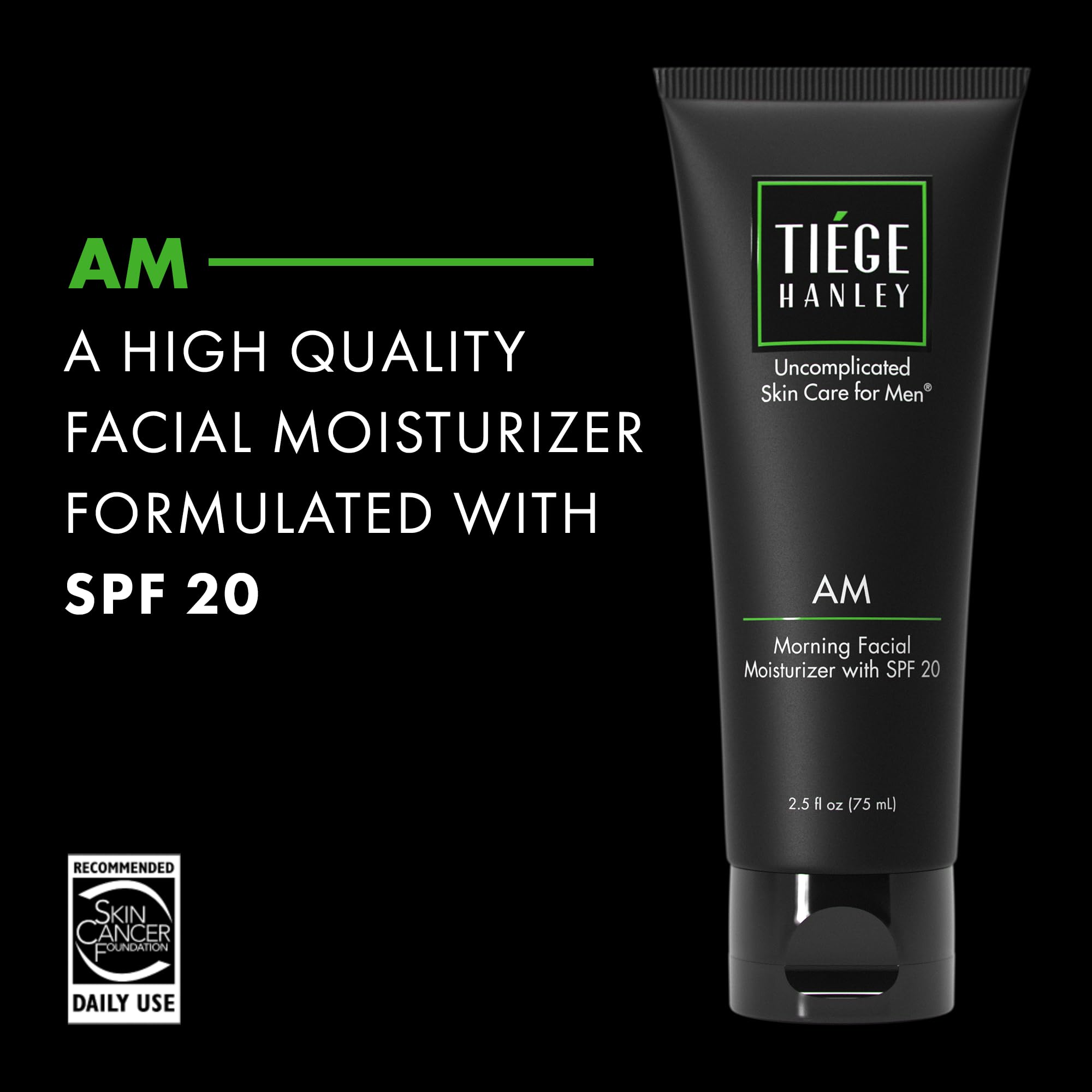 Tiege Hanley AM Moisturizer label close-up highlights SPF 20 protection