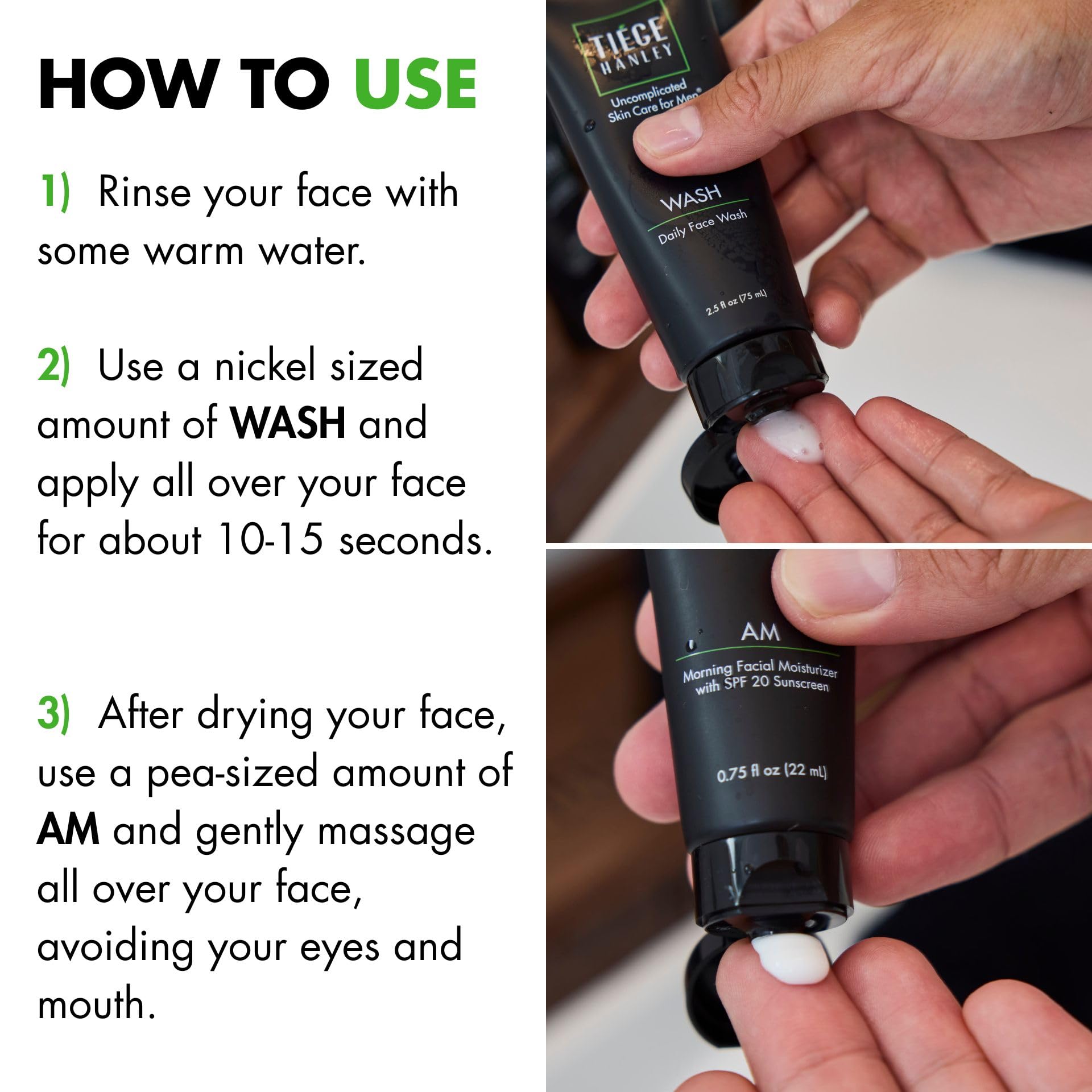 Tiege Hanley basic kit in-use shot, morning cleansing routine