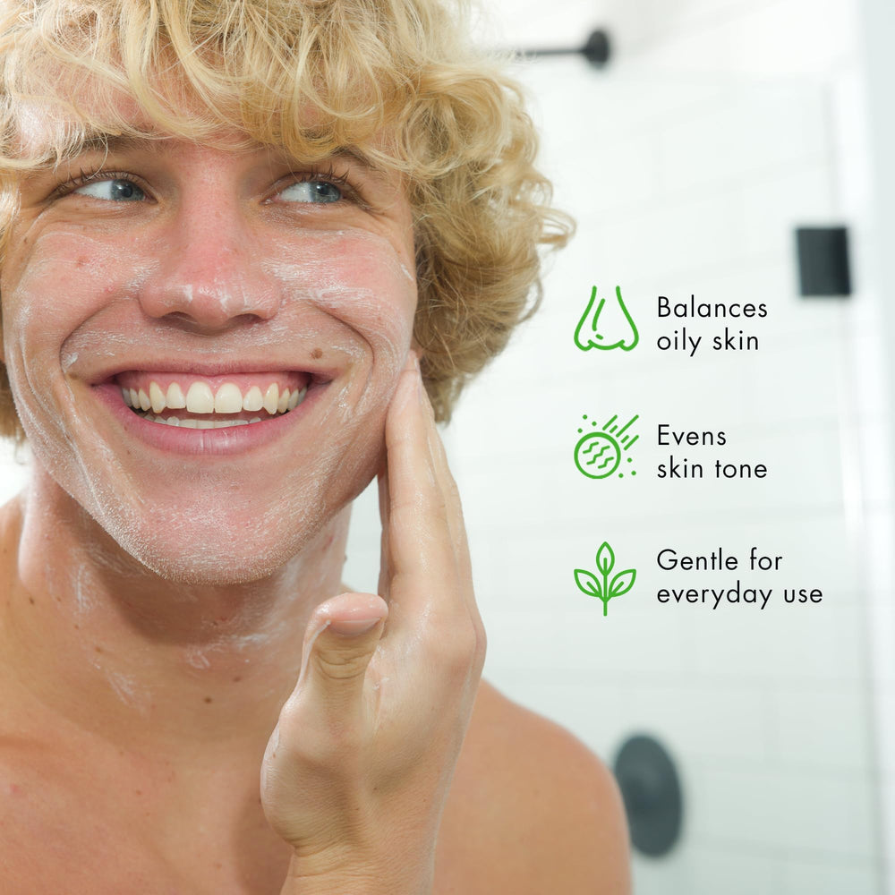 Closeup of Tiege Hanley cleanser foam highlighting gentle everyday cleansing.