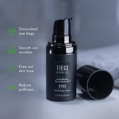 Tiege Hanley EYES ingredients panel highlights Hyaluronic Acid and Niacinamide for hydration.