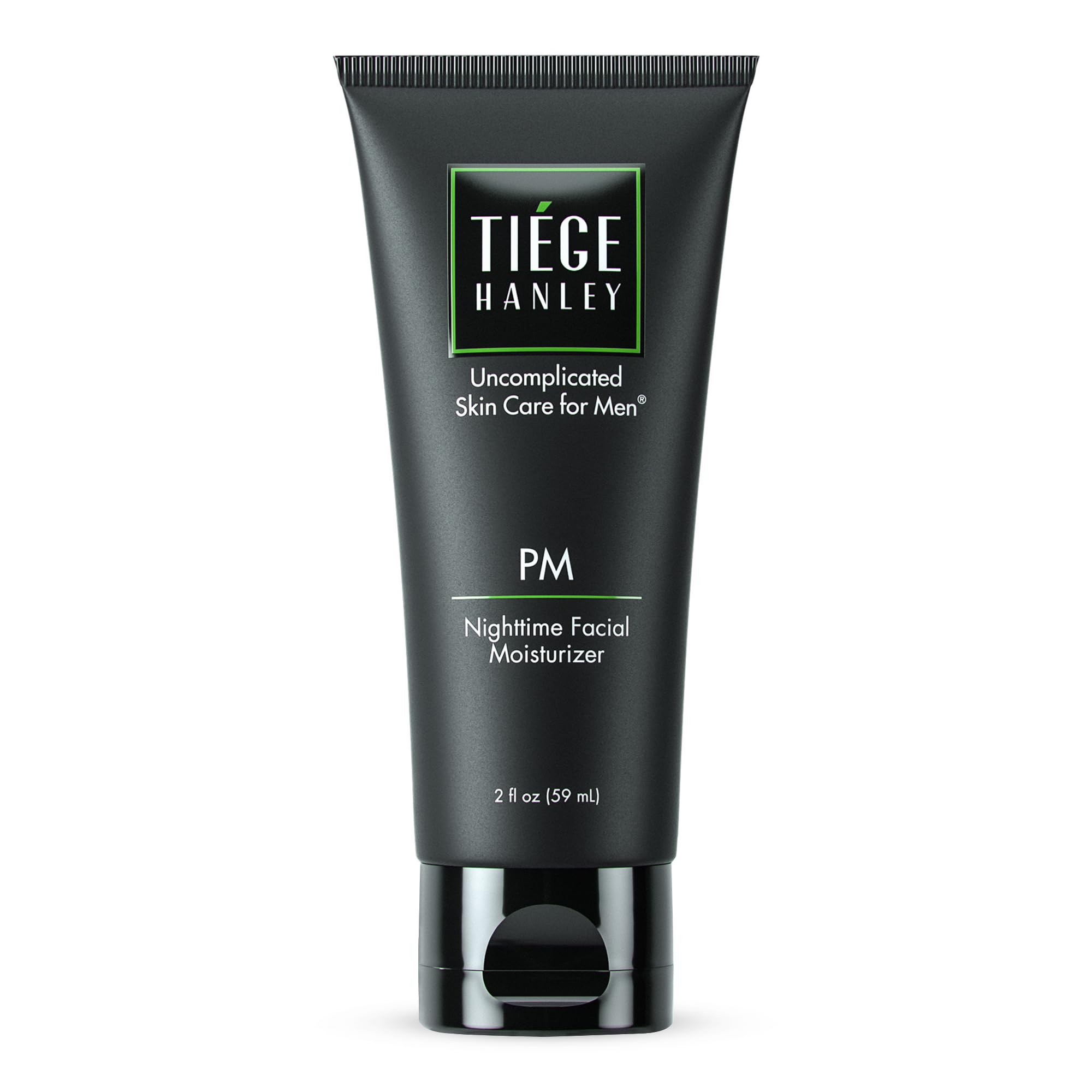 Tiege Hanley Nighttime Moisturizer bottle close-up showing overnight hydration for men.