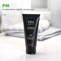 Tiege Hanley moisturizer texture close-up demonstrates lightweight, non-greasy feel ideal for overnight use.