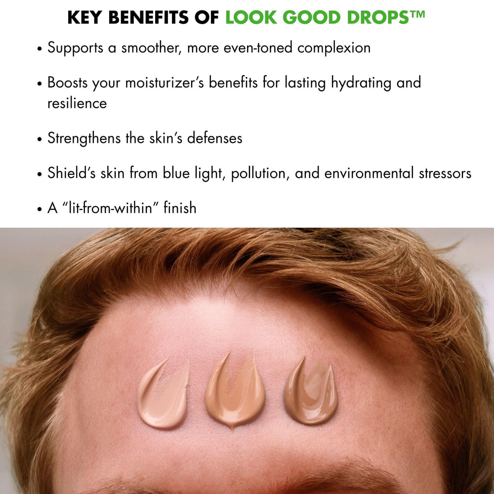 Tiege Hanley Look Good Drops applied to clean skin for a natural tan finish.