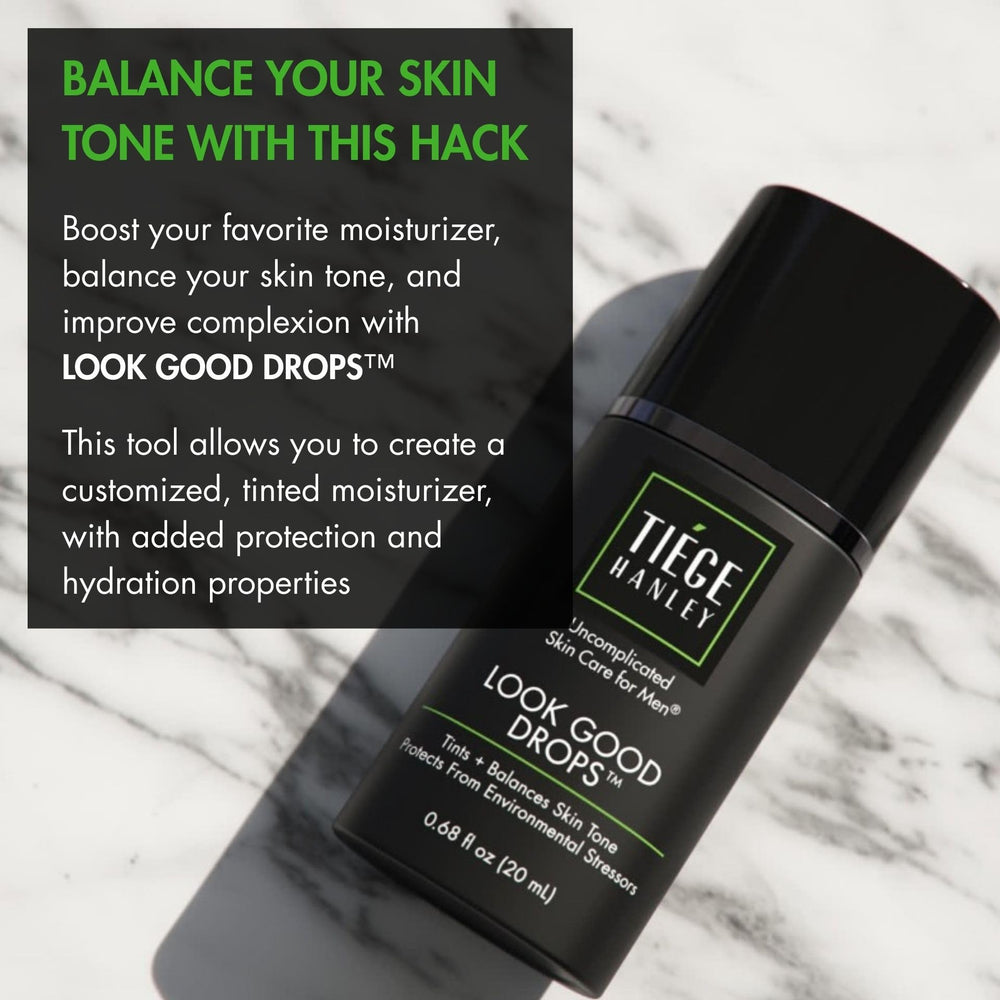 Tiege Hanley Look Good Drops dispensed on the hand to control intensity.