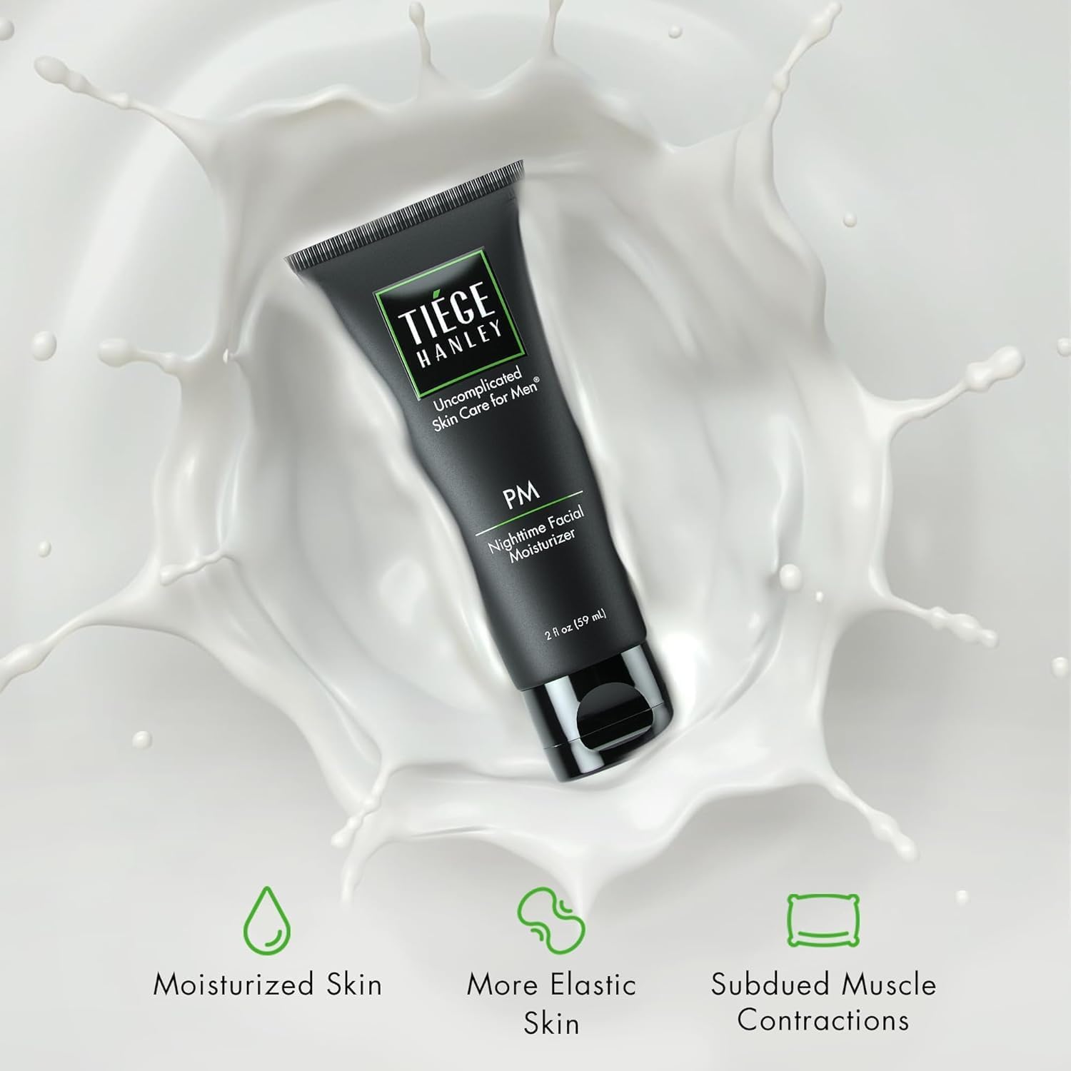 Tiege Hanley PM night moisturizer bottle shown for overnight hydration.