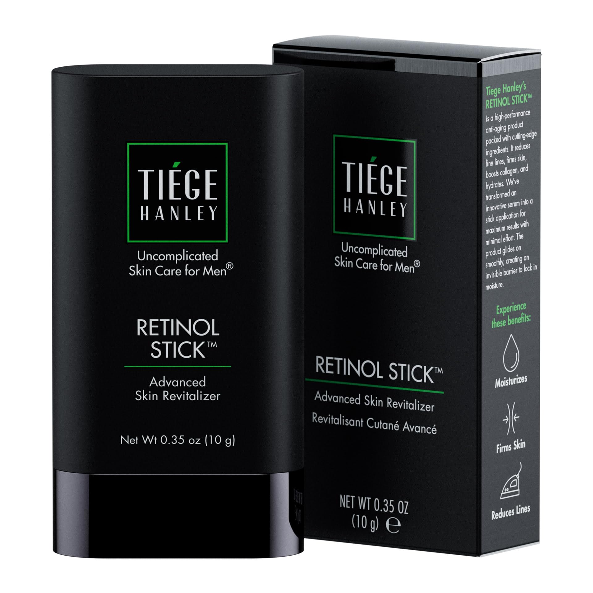 Tiege Hanley Retinol Stick on forehead for smoother texture and hydration.