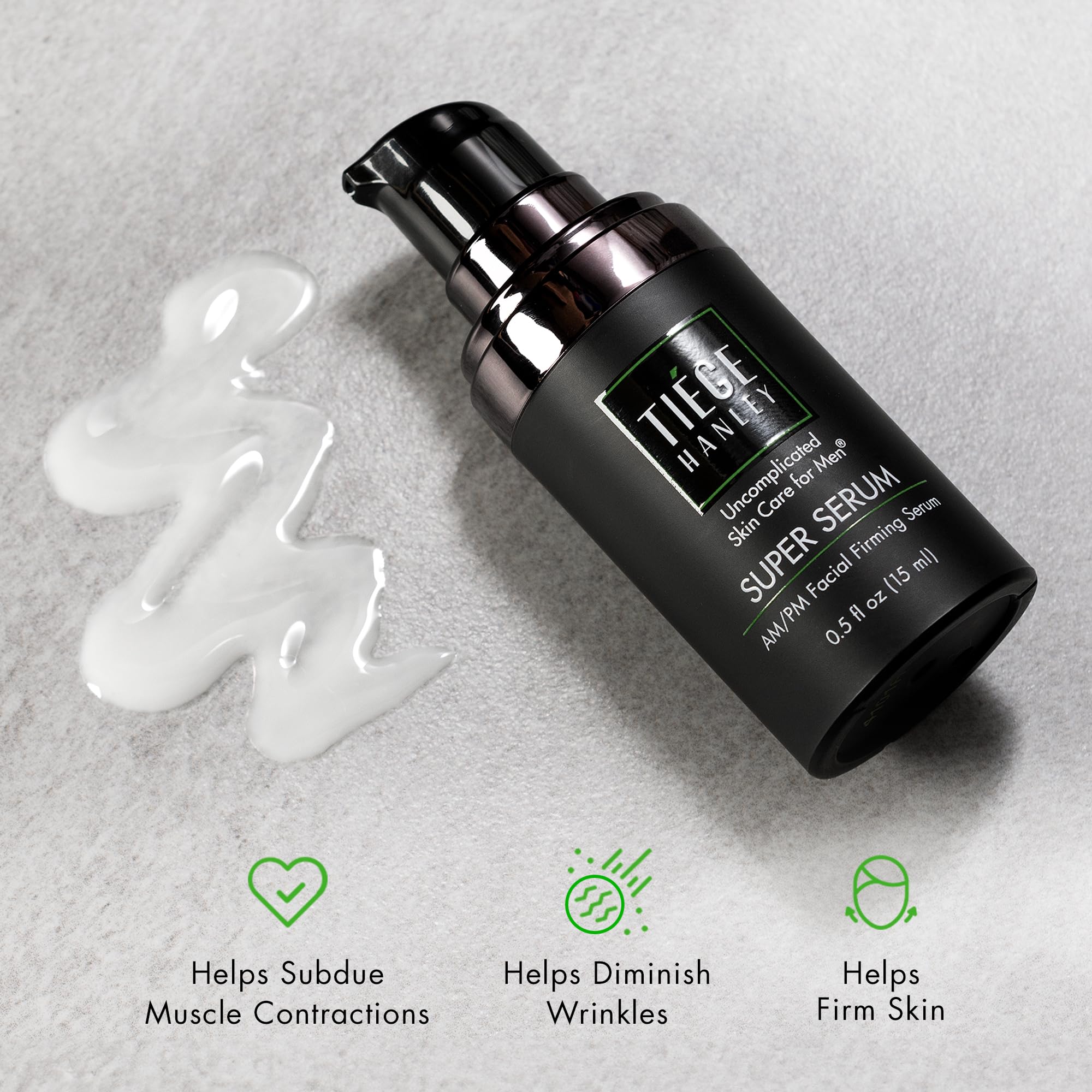 Tiege Hanley Serum ingredients focus on peptides for improved skin elasticity.