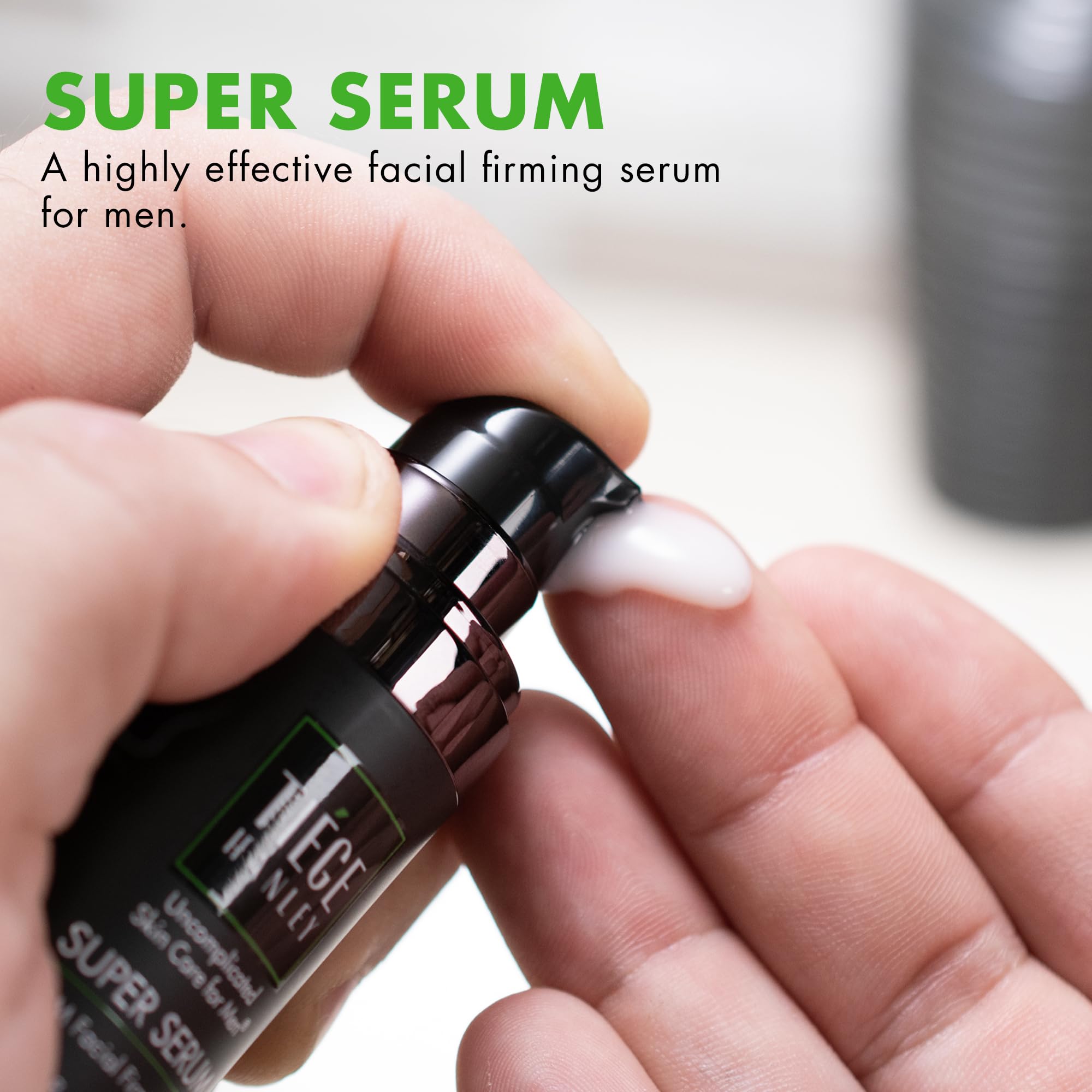 Tiege Hanley Super Serum pump-dispense showing easy morning and night routine.