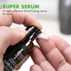 Tiege Hanley Super Serum pump-dispense showing easy morning and night routine.