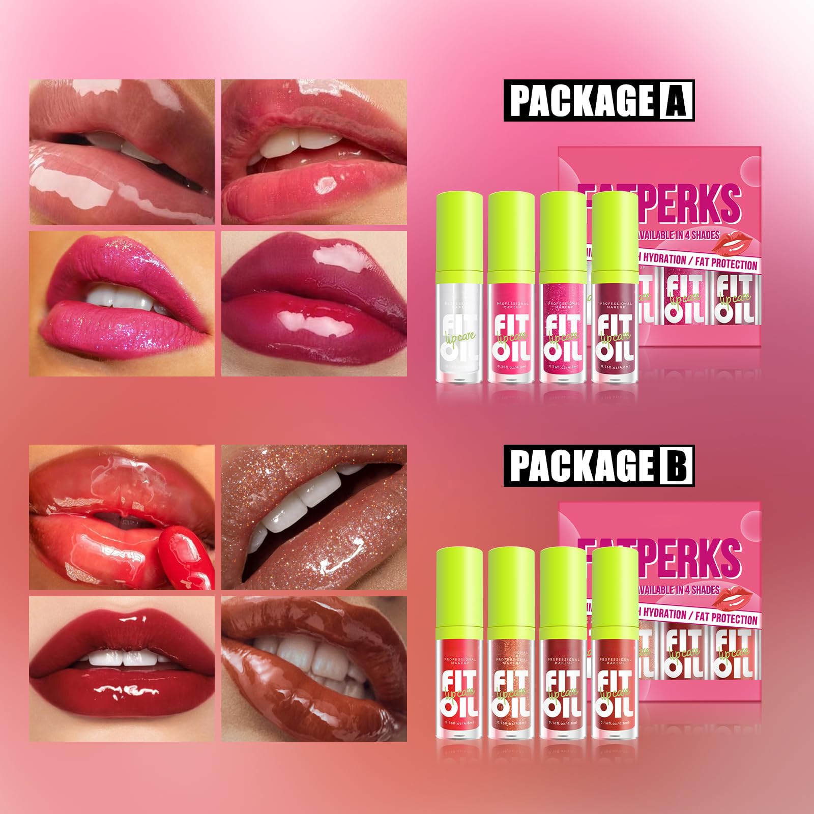 Tiejdhr Set A lip oil collection showcases the versatile color options.