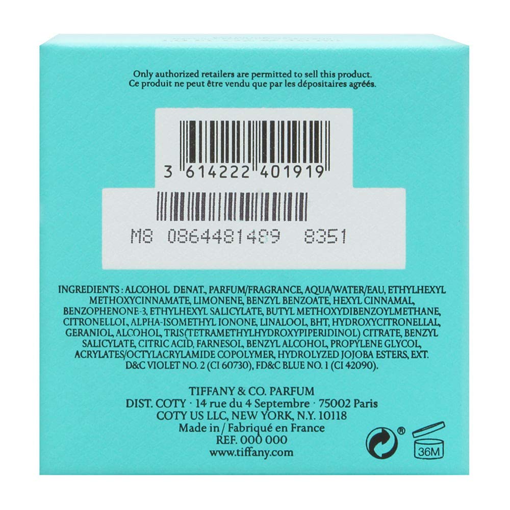 Tiffany & Co. Tiffany 1-ounce bottle close-up label, suggesting premium floral scent for travel.
