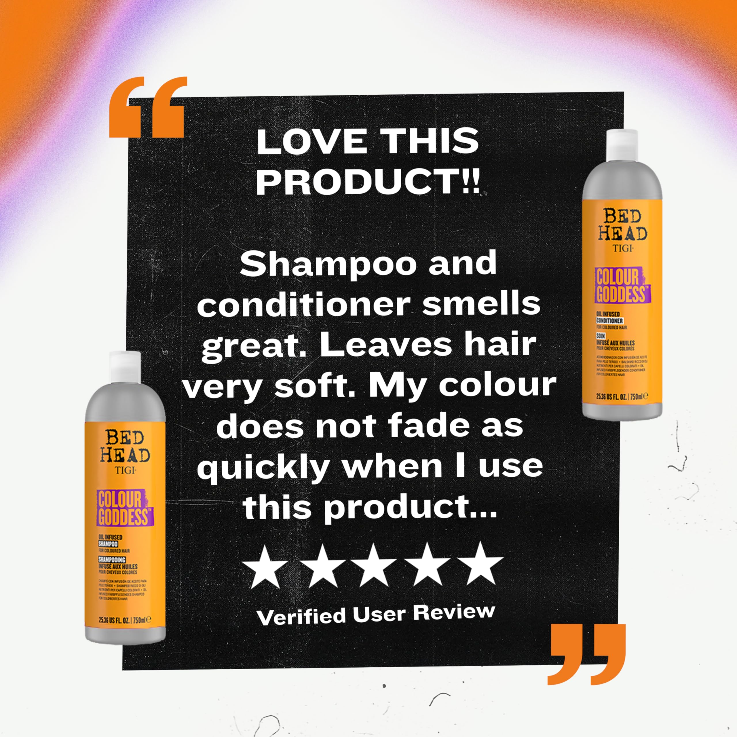Dyed-hair care set displayed from TIGI Colour Goddess on vanity.