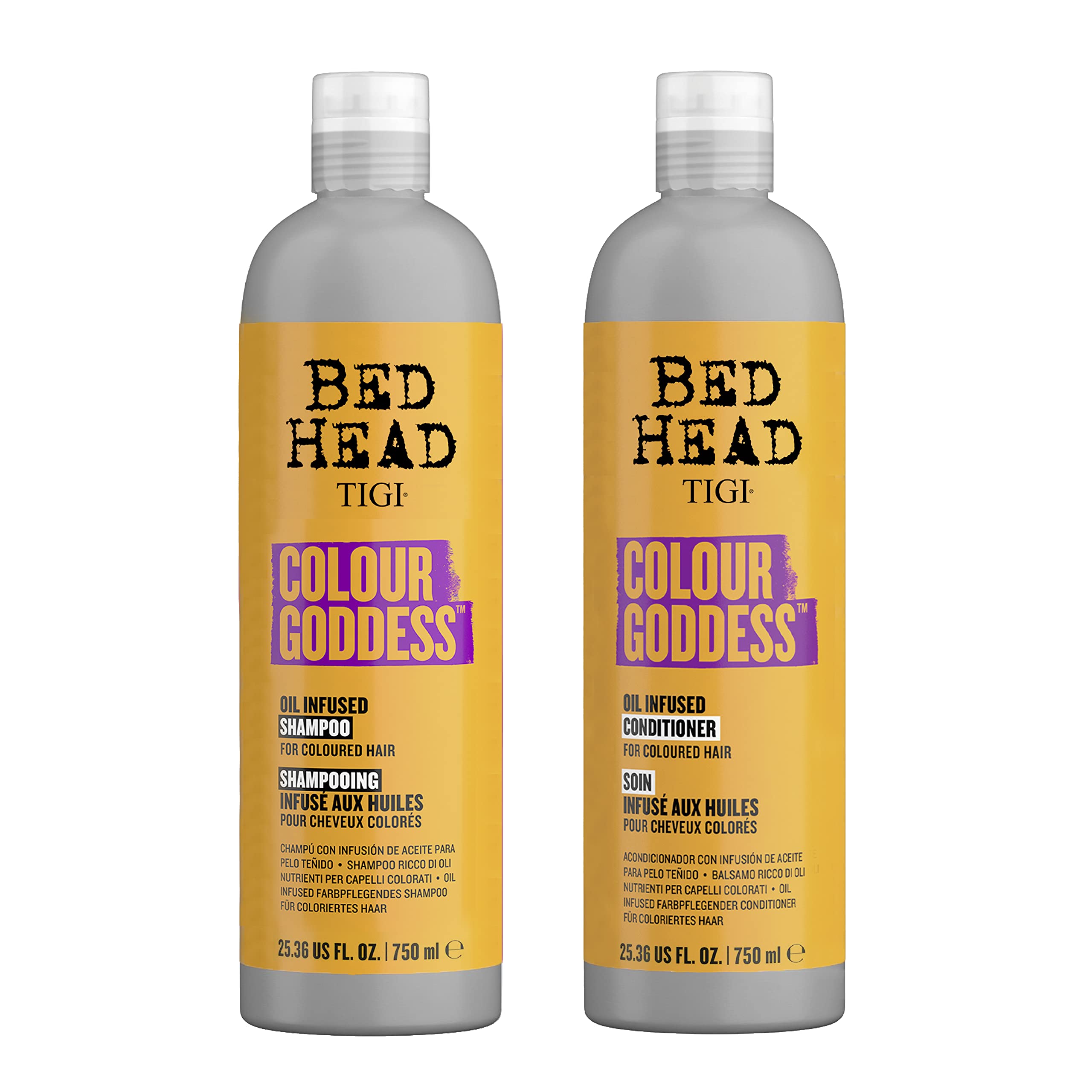TIGI Colour Goddess shampoo bottle shows vibrant color protection for dyed hair.
