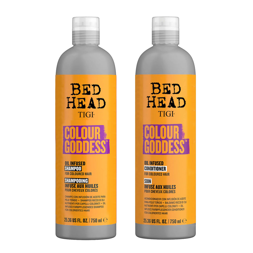 TIGI Colour Goddess shampoo bottle shows vibrant color protection for dyed hair.