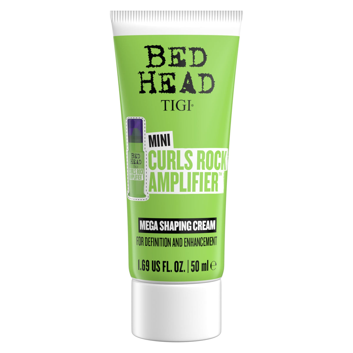 TIGI Bed Head Curls Rock Amplifier travel mini bottle closeup; compact curl definer for on-the-go shaping.
