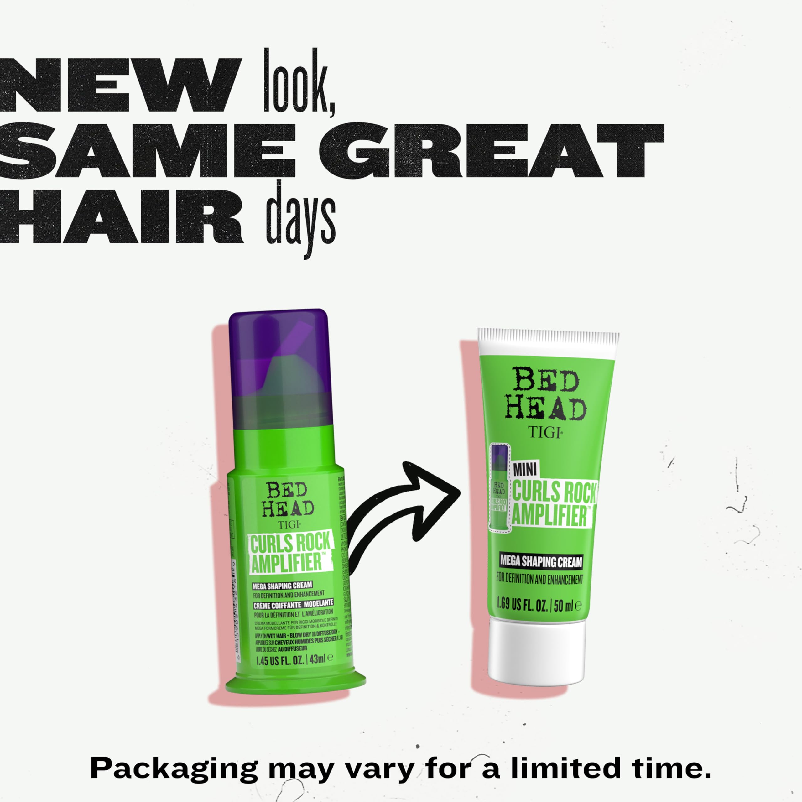 TIGI Bed Head Curls Rock Amplifier travel mini; closeup of glossy hydrated curls.
