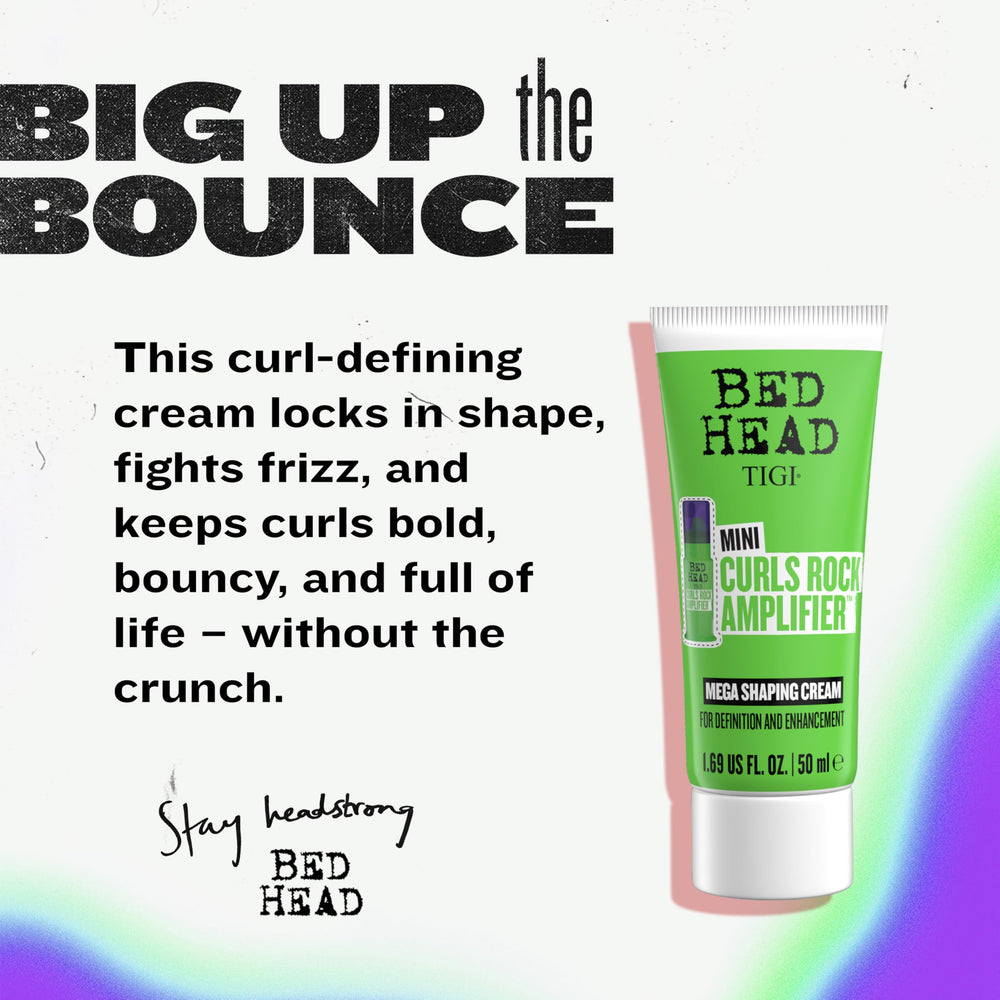 TIGI Bed Head Curls Rock Amplifier travel mini; hair-cream dispensing view for easy application and quick definition.