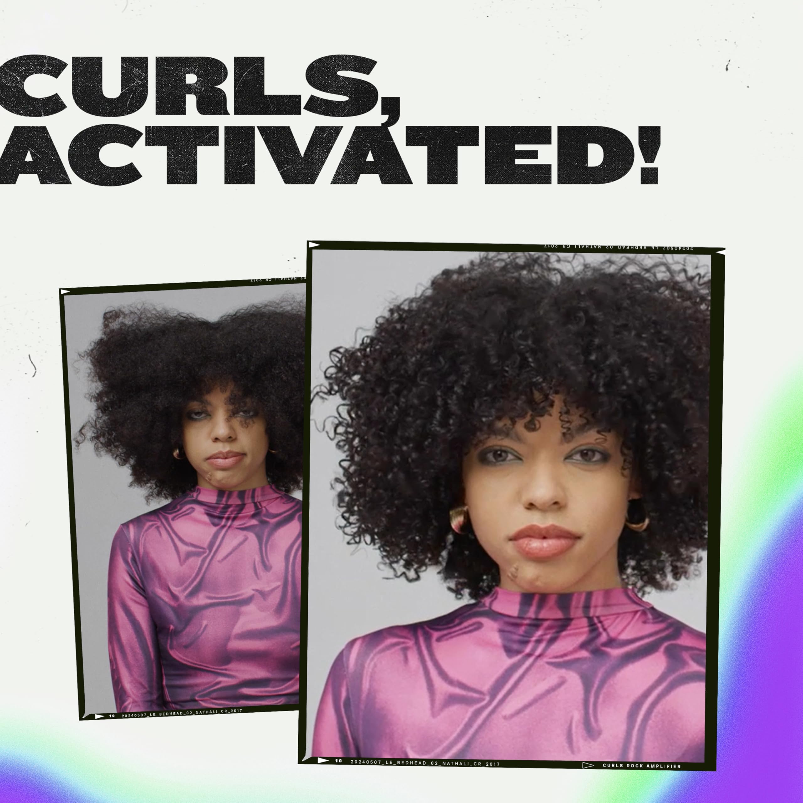 TIGI Bed Head Curls Rock Amplifier travel mini; closeup on curls for lasting definition.