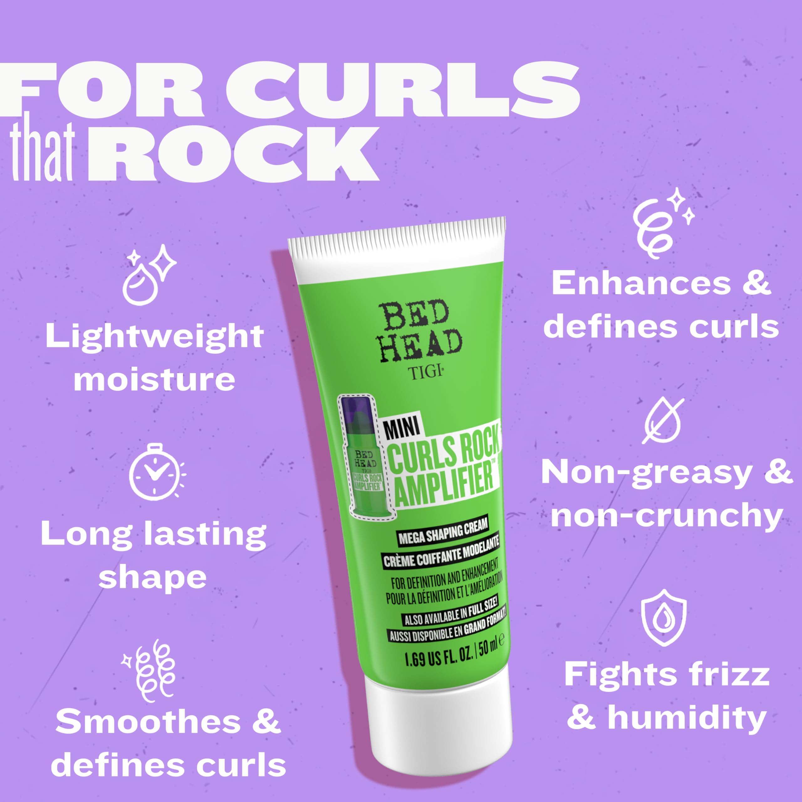 TIGI Bed Head Curls Rock Amplifier travel mini; bottle with jojoba oil highlight.
