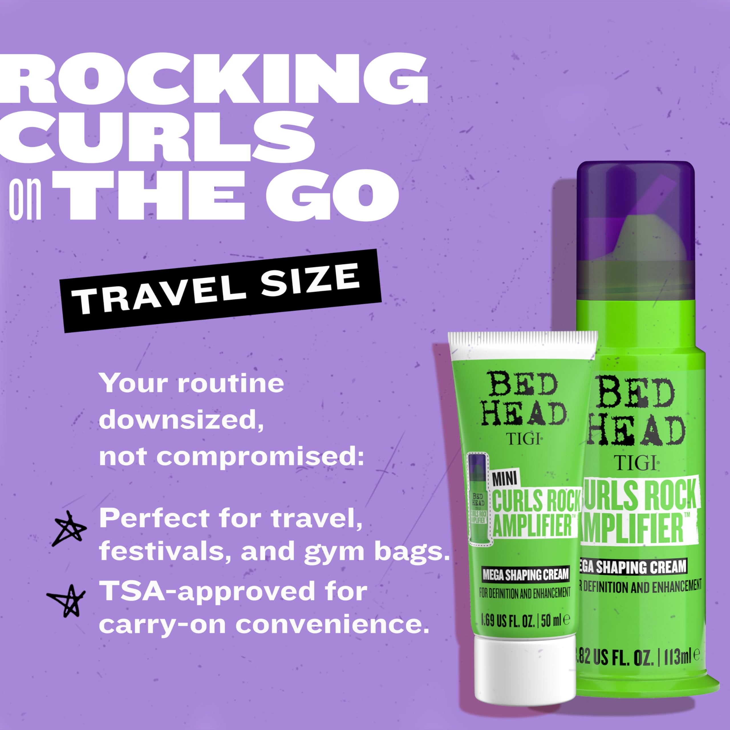 TIGI Bed Head Curls Rock Amplifier travel mini; application scene capturing frizz protection.