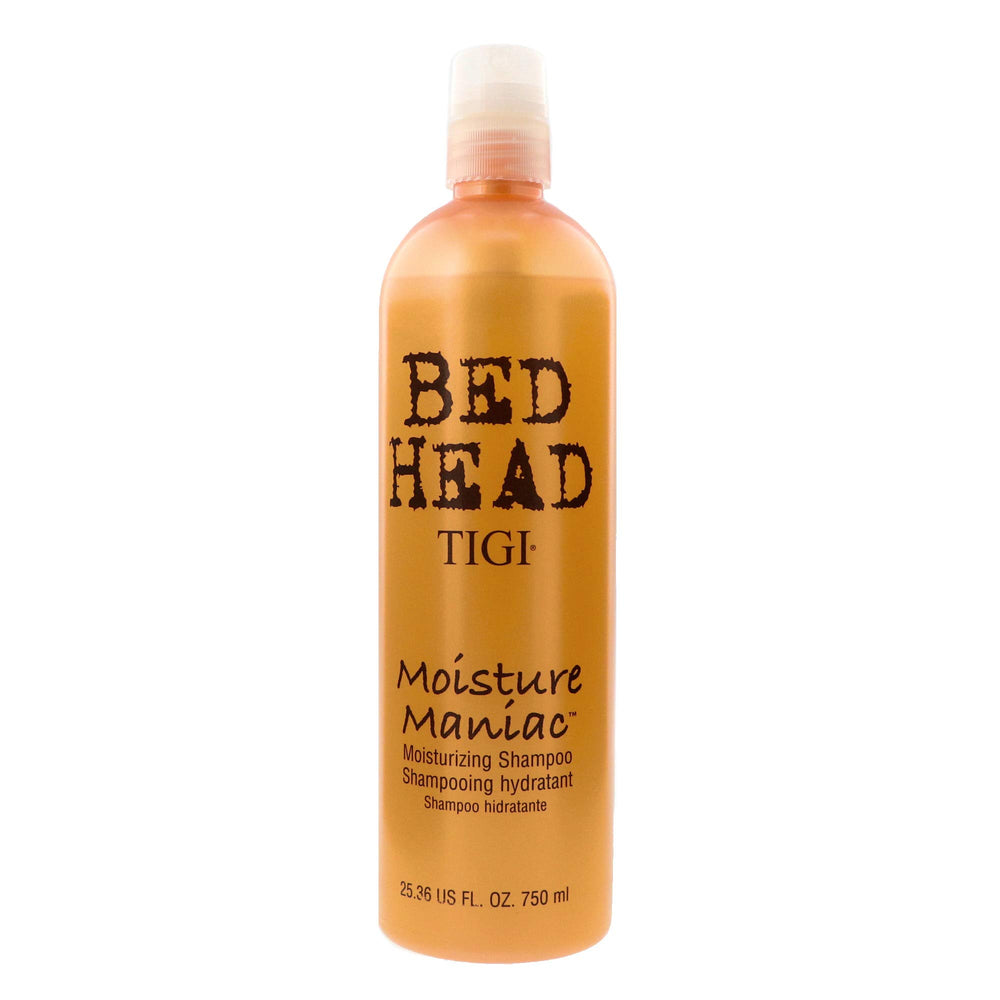TIGI Bed Head Moisture Maniac shampoo bottle offering lightweight moisture and radiant shine.