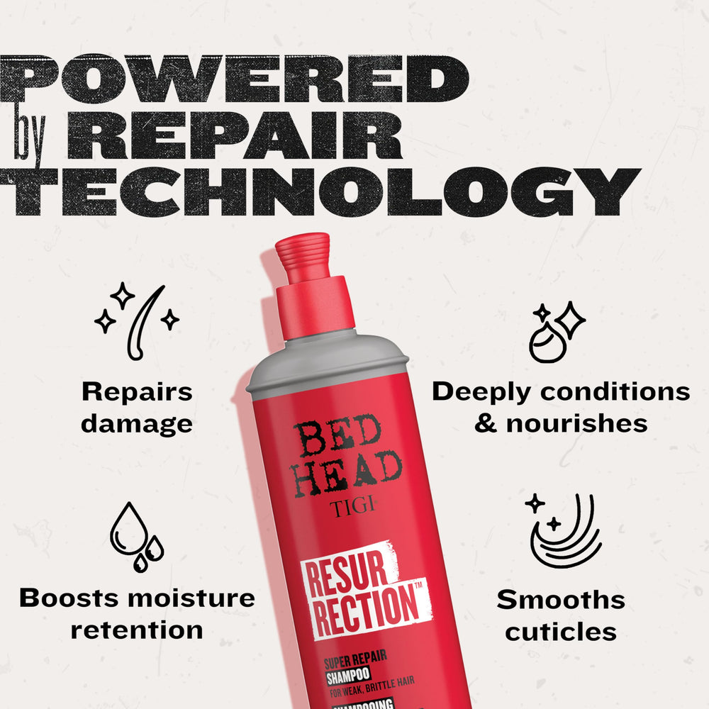TIGI Bed Head Resurrection Shampoo with conditioner nearby for a complete repair routine
