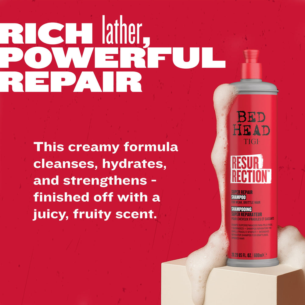 TIGI Bed Head Resurrection Shampoo bottle beside a towel as a hair care ritual