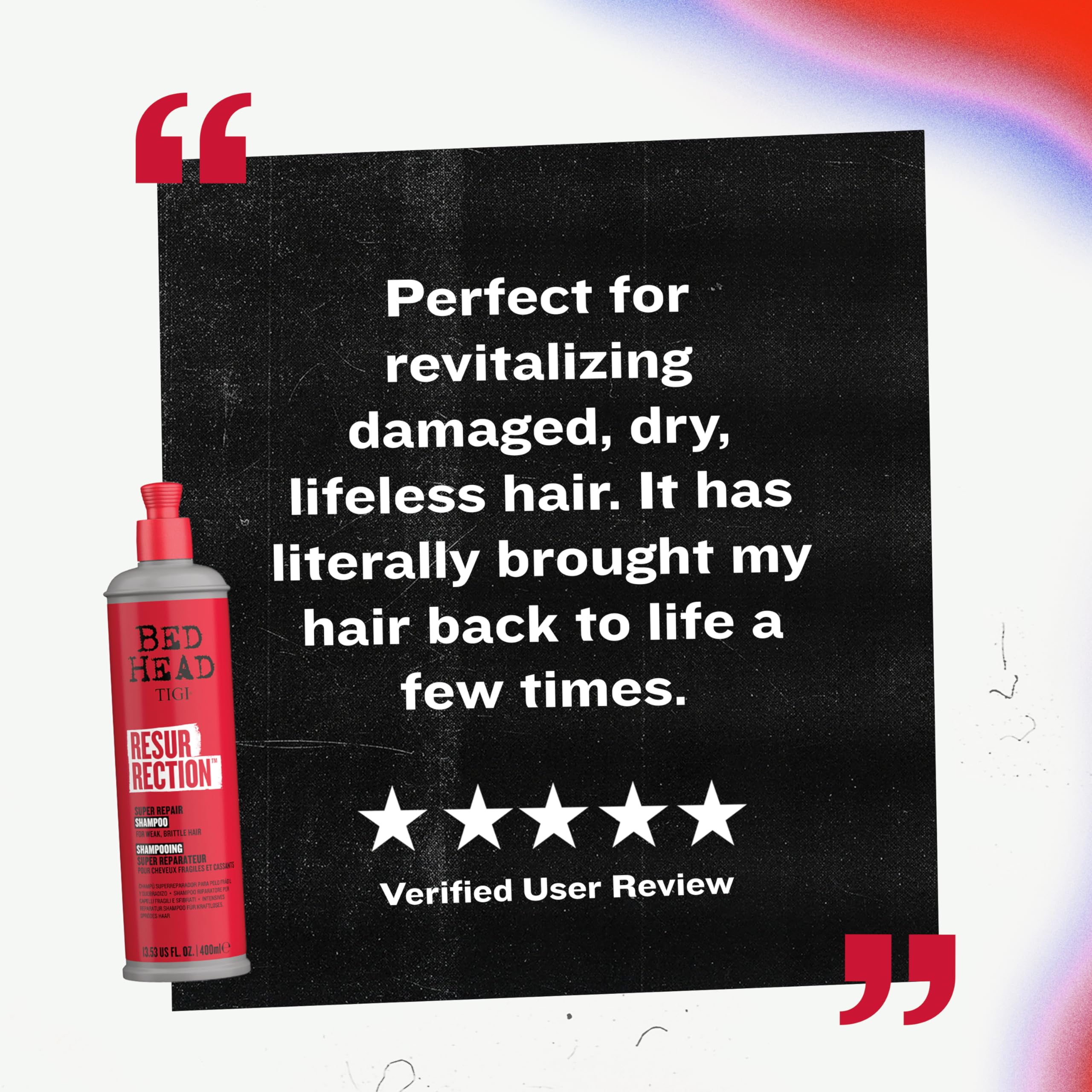 TIGI Bed Head Resurrection Shampoo bottle emphasizing lightweight repair for over-processed hair