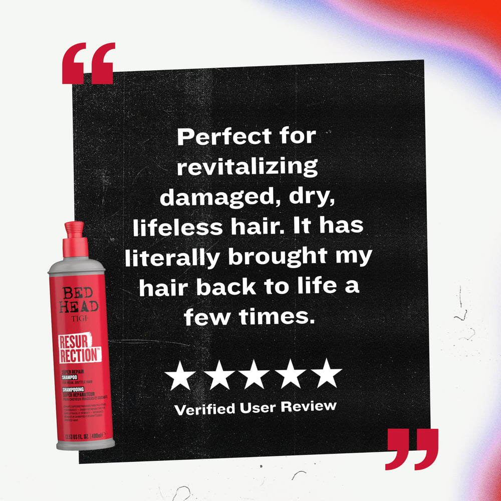TIGI Bed Head Resurrection Shampoo bottle emphasizing lightweight repair for over-processed hair