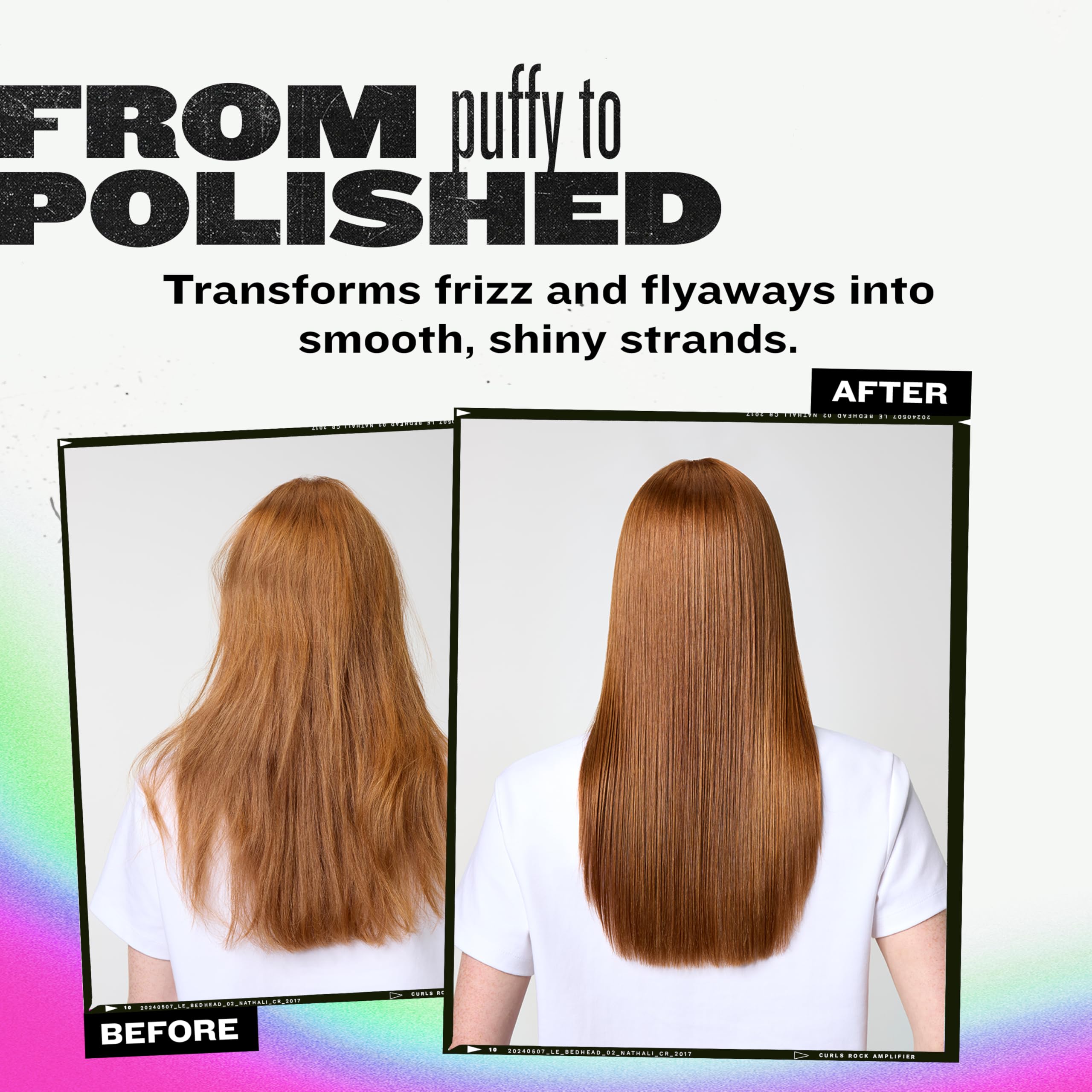 TIGI Bed Head Straighten Out demonstrates a straightening step for long-lasting gloss.