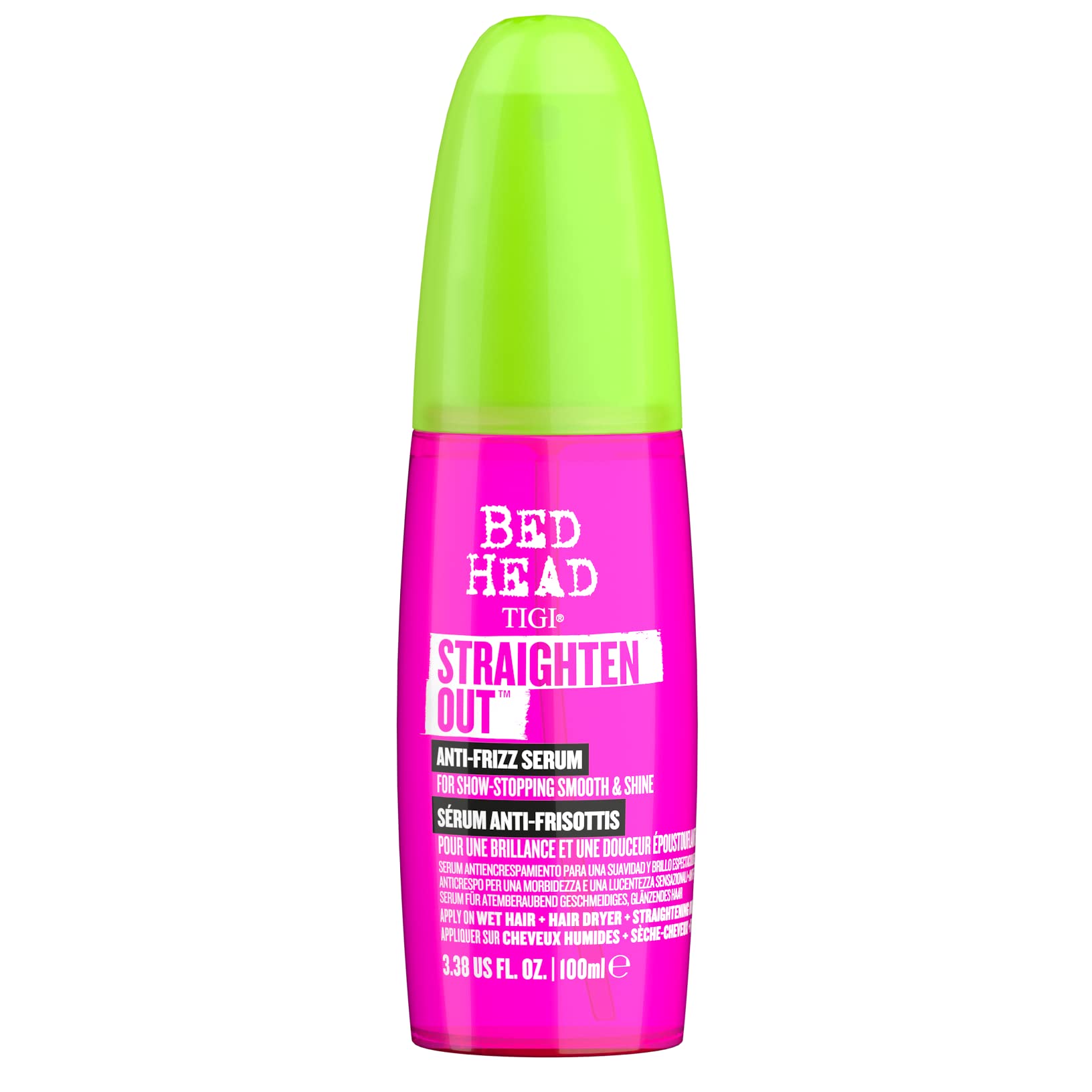 TIGI Bed Head Straighten Out serum bottle for frizz-free smoothing.