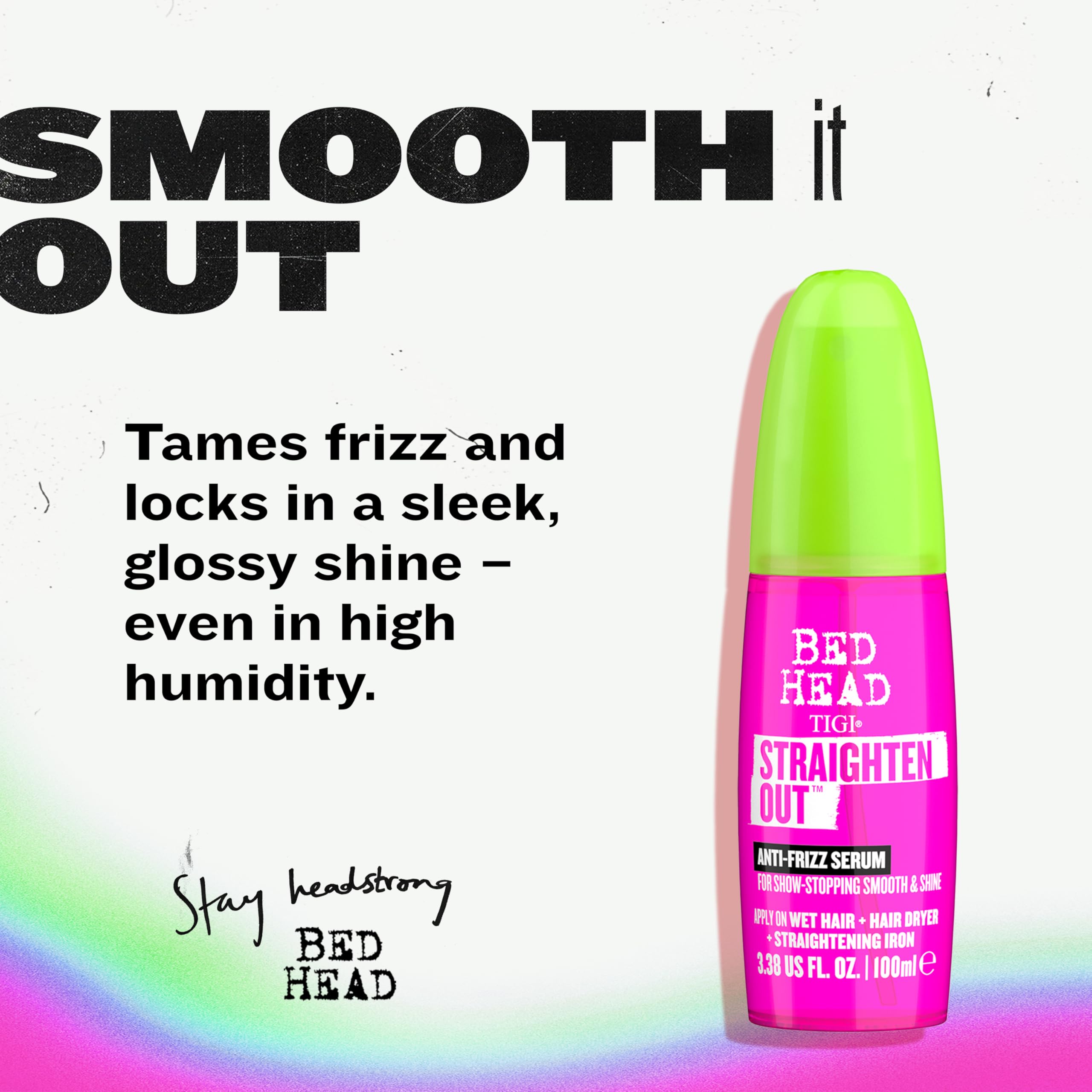 TIGI Bed Head Straighten Out serum dispenser showing moisture-locking formula for humidity resistance.